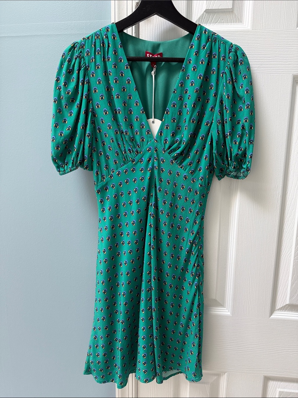 STAUD Teal Printed Puff-Sleeve V-Neck Mini Dress